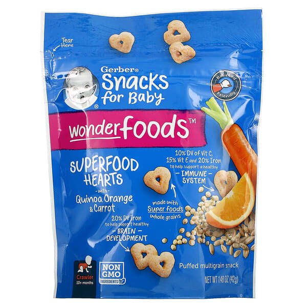 Gerber, Wonderfoods, Snacks for Baby, Puffed Multigrain Snack, SuperFood Hearts, Baby Snack, Quinoa, Orange, Carrot, 10+ Months, 1.48 oz (42 g)
