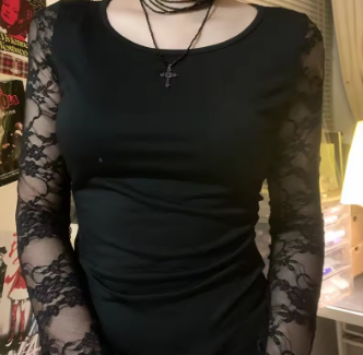 SUCHCUTE Black Gothic T-shirt For Women Sexy Club Lace Semi-see-through Long Sleeve Crop Tops Y2K Aesthetic 2000s Tee Autumn New